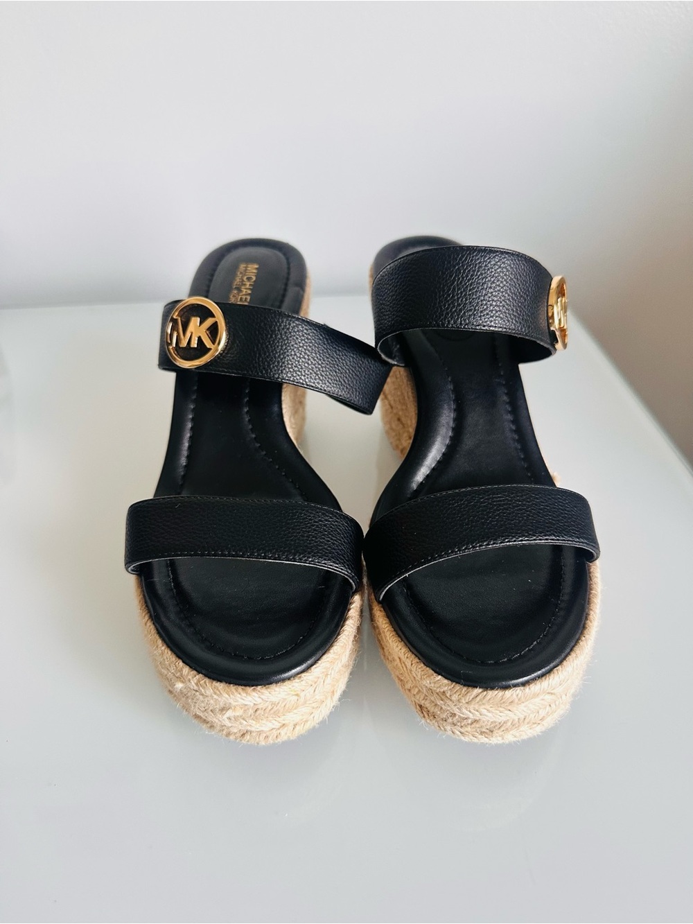 Michael Kors Black Leather Espadrille Wedge Sandals with Gold Logo - Picture 2 of 4